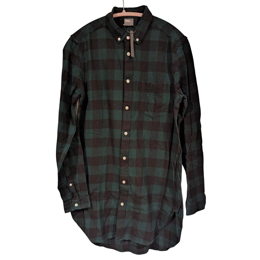 ASOS Mens Green Black Buffalo Plaid Flannel Button Up Shirt Long Sleeve Casual